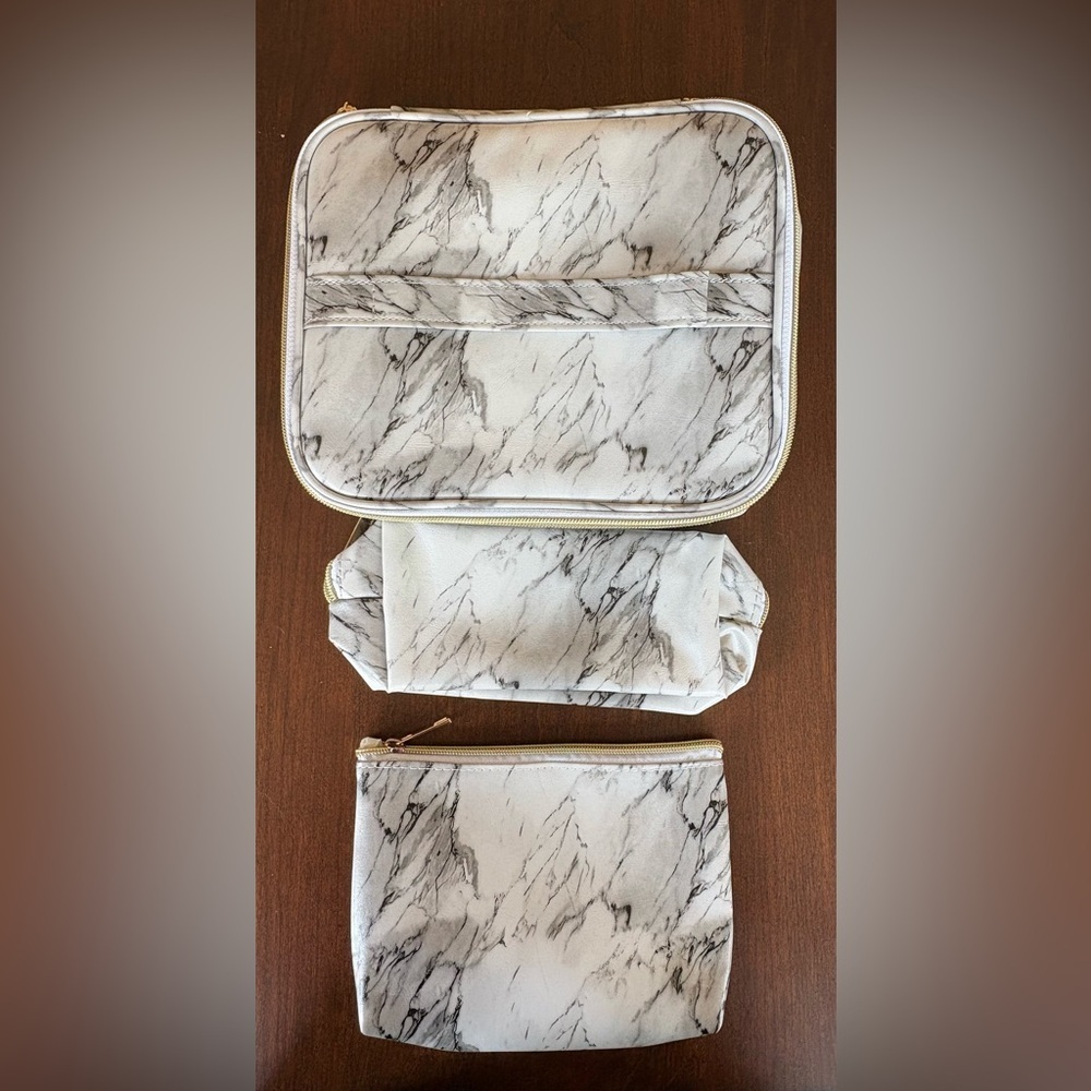 Set of 3 white & gray marble organization packing cubes & makeup brushes travel